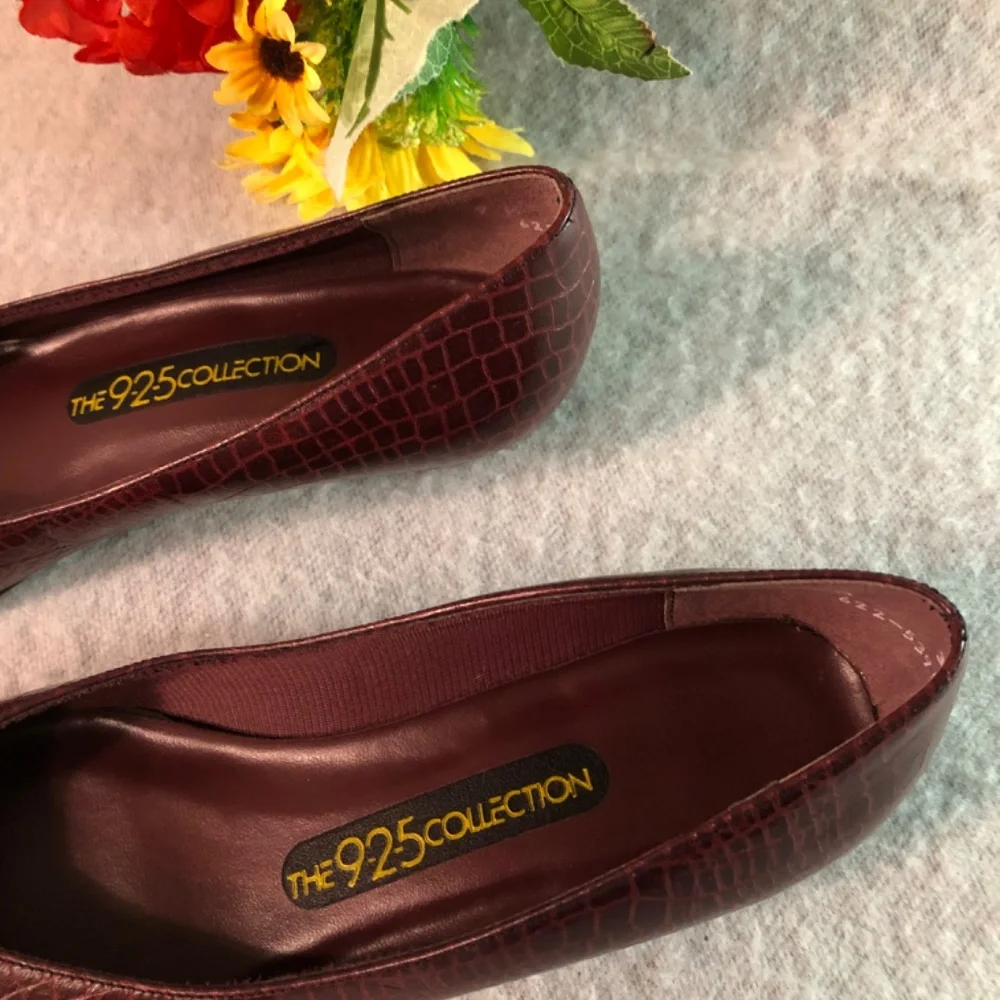 Burgundy ‘Crocodile’ Low-Heel Pumps - Picture 6 of 16